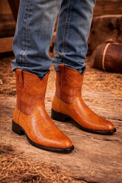 Los Altos Men's Genuine Lizard Teju Skin Saddle Zipper Roper Toe Boot