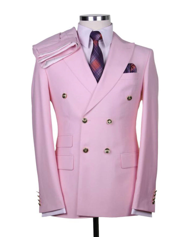 Designer Mens Double Breasted Gold Button Suit in Pink