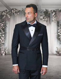 Statement Men's 2 Piece 100% Wool Modern Fit Double Breasted Tuxedo - Rhinestone sequin Belt