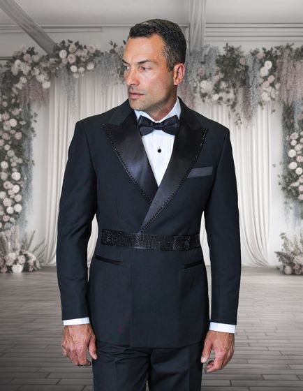 Statement Men's 2 Piece 100% Wool Modern Fit Double Breasted Tuxedo - Rhinestone Belt