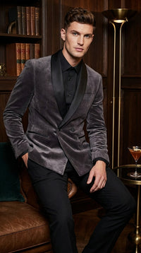 Mens Charcoal Gray Velvet Tuxedo Suit – Luxury Formal Wedding Suit with Black Shawl Lapel for Prom, Party Black Pants