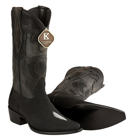 Men's King Exotic Snip Toe Stingray Boots Single Stone Handmade Black (494R1205)