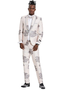 Mens Gray Tuxedo - Grey Wedding Suit-Mens One Button  Vested Shawl Tuxedo In Pink & Silver Paisely With Lace Trim