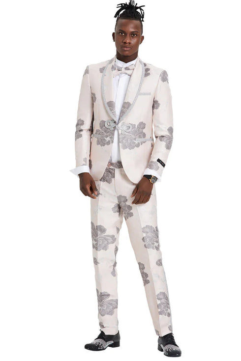 Mens Gray Tuxedo - Grey Wedding Suit-Mens One Button  Vested Shawl Tuxedo In Pink & Silver Paisely With Lace Trim