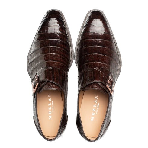 Mens Mezlan Prague Double Monk Strap Caiman Crocodile Dress Shoe in Cognac