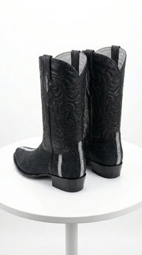 Los Altos Men's Black Stingray with Full Rowstone Finish Snip Toe Boots
