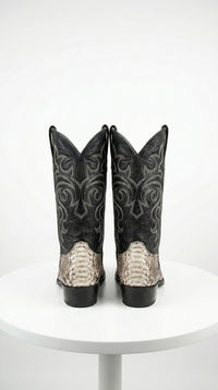 Men’s Natural Python Snakeskin J Toe Cowboy Boots with Black Western Shaft, Exotic Dress Boots