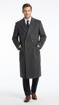 Men’s Dark Grey 44 Inch Double Breasted Wool Blend Overcoat, Long Length Dress Coat