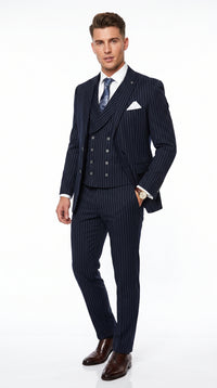 Men’s Navy Gangster Pinstripe Suit with 2 Button Jacket, Double Breasted Vest and Pants