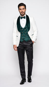 Marco Lorenzo Premium White Paisley 4 Piece Suit with Green Velvet Shawl Lapel and Matching Bow Tie