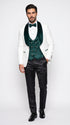 Marco Lorenzo Premium White Paisley 4 Piece Suit with Green Velvet Shawl Lapel and Matching Bow Tie