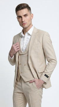 Men’s Khaki Sharkskin Wedding Suit with One Button Jacket, Double Breasted Vest and Pants