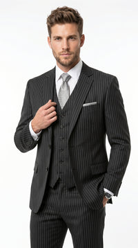 Men’s Black Bold Pinstripe 1920s Suit with Vest and Pants – Vintage Gangster Style Outfit