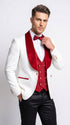Marco Lorenzo Premium White Paisley 4 Piece Suit with Red Velvet Shawl Lapel and Matching Bow Tie