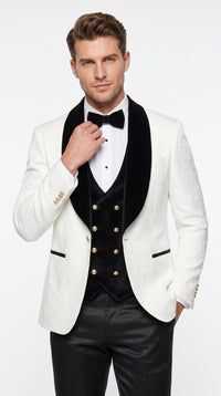 Marco Lorenzo Premium White Paisley 4 Piece Suit with Black Velvet Shawl Lapel and Matching Bow Tie