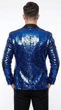 Men’s Royal Blue and Black Reversible Sequin Blazer, 1 Button Shiny Formal Party Jacket