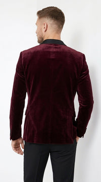 Men’s Burgundy Velvet Dinner Jacket, Designer Black Satin Shawl Lapel Tuxedo Blazer for Weddings, Prom and Formal Events