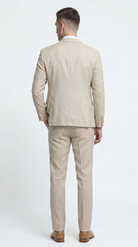 Men’s Khaki Sharkskin Wedding Suit with One Button Jacket, Double Breasted Vest and Pants