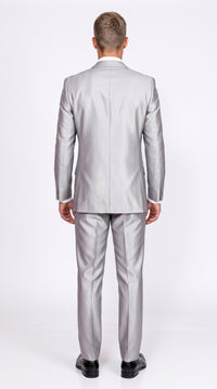 Men’s Silver Shiny Sharkskin Suit – 2 Button Peak Lapel Formal Suit with Flat Front Pants for Wedding, Prom & Party