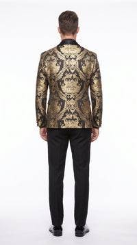 Men’s Black and Gold Floral Jacquard 3 Piece Suit, Modern Fit Tuxedo with Matching Bow Tie for Weddings and Prom