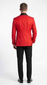 Men’s Red Paisley Jacquard Tuxedo Suit, Modern Fit Black Satin Shawl Lapel Prom Wedding Formal Suit