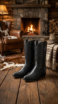 Los Altos Men's Black Stingray with Full Rowstone Finish Snip Toe Boots
