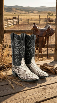 Men’s Natural Python Snakeskin J Toe Cowboy Boots with Black Western Shaft, Exotic Dress Boots