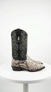 Men’s Natural Python Snakeskin J Toe Cowboy Boots with Black Western Shaft, Exotic Dress Boots
