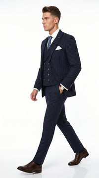 Men’s Navy Gangster Pinstripe Suit with 2 Button Jacket, Double Breasted Vest and Pants