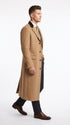 Men’s Beige Camel Chesterfield Overcoat, Wool and Cashmere Full Length Coat with Velvet Collar