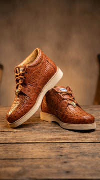 Men’s Wild West Brown Caiman and Ostrich Skin Shoes with Lace Up Front, Exotic Western Dress Shoes