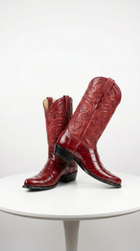Men’s Red Eel Cowboy Boots with Pointed Toe, Original Leather Western Dress Boots