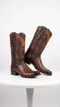 Men’s Brown Caiman Crocodile Tail Cowboy Boots with European Toe, Exotic Western Dress Boots