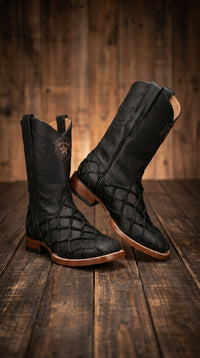 Men’s Los Altos Black Matte Pirarucu Wide Square Toe Cowboy Boots, Genuine Exotic Western Boots