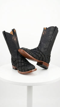 Men’s Los Altos Black Matte Pirarucu Wide Square Toe Cowboy Boots, Genuine Exotic Western Boots