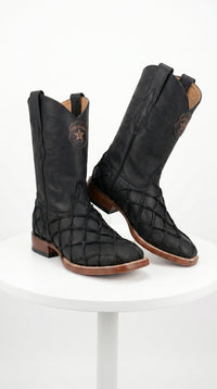 Men’s Los Altos Black Matte Pirarucu Wide Square Toe Cowboy Boots, Genuine Exotic Western Boots
