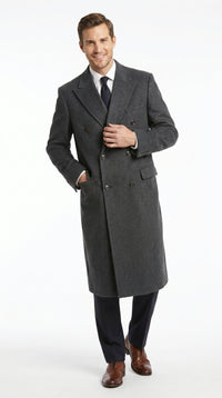 Men’s Dark Grey 44 Inch Double Breasted Wool Blend Overcoat, Long Length Dress Coat