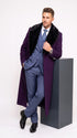 Men’s Purple Wool Overcoat, Long Winter Dress Topcoat with Black Fur Collar for Formal and Business Wear