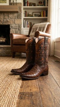 Men’s Brown Caiman Crocodile Tail Cowboy Boots with European Toe, Exotic Western Dress Boots