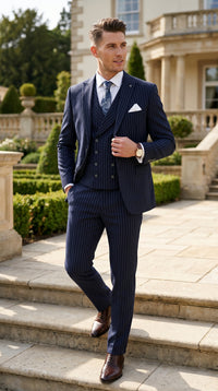 Men’s Navy Gangster Pinstripe Suit with 2 Button Jacket, Double Breasted Vest and Pants