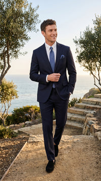 Men’s Navy Linen Suit for Beach Wedding, Summer Dress Suit with Jacket and Pants