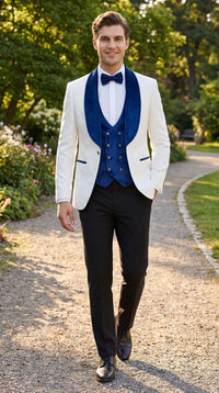 Marco Lorenzo Premium White Paisley 4 Piece Suit with Royal Blue Velvet Shawl Lapel and Matching Bow Tie