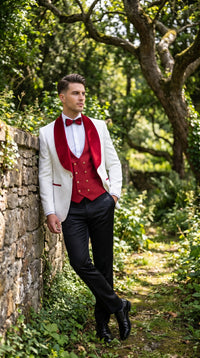 Marco Lorenzo Premium White Paisley 4 Piece Suit with Red Velvet Shawl Lapel and Matching Bow Tie