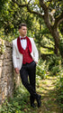 Marco Lorenzo Premium White Paisley 4 Piece Suit with Red Velvet Shawl Lapel and Matching Bow Tie