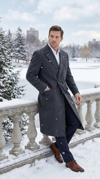 Men’s Dark Grey 44 Inch Double Breasted Wool Blend Overcoat, Long Length Dress Coat