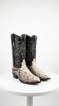 Men’s Natural Python Snakeskin J Toe Cowboy Boots with Black Western Shaft, Exotic Dress Boots