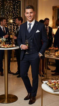 Men’s Navy Gangster Pinstripe Suit with 2 Button Jacket, Double Breasted Vest and Pants