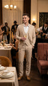 Men’s Khaki Sharkskin Wedding Suit with One Button Jacket, Double Breasted Vest and Pants