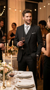 Men’s Black Bold Pinstripe 1920s Suit with Vest and Pants – Vintage Gangster Style Outfit