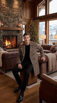 Men’s Black and White Plaid Wool Peacoat, Formal Winter Dress Coat for Business and Casual Wear